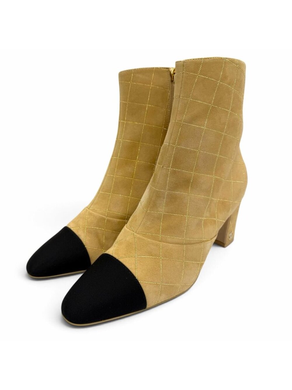 Chanel Suede Leather CC Logo Quilted Bicolor Short Boots Beige Black